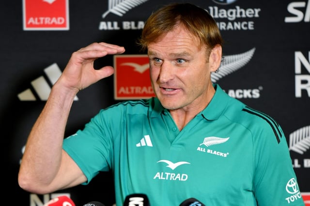 New Zealand's coach Scott Robertson speaks during a press conference in Dunedin on July 3, 2025, ahead of their three-match international rugby series against France, with the first Test match to be played in Dunedin on July 5.