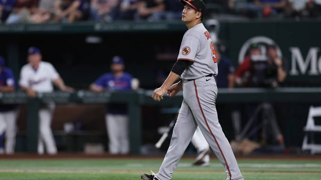 Baltimore Orioles pitcher Tomoyuki Sugano (19) walks off the mound after allowing a hit to the Texas Rangers’ Jonah Heim during the fifth inning at Globe Life Field on Wednesday, July 2, 2025, in Arlington, Texas. (Sam Hodde/Getty Images/TNS)