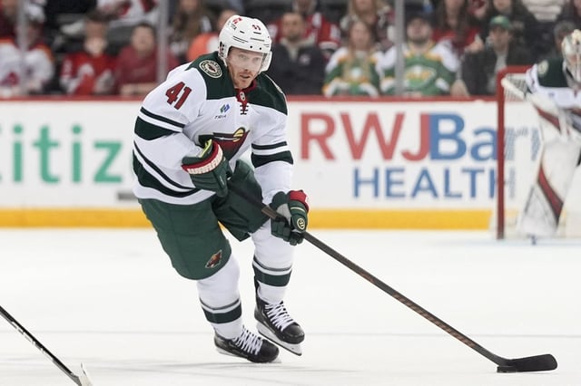 Minnesota Wild center Gustav Nyquist skates with the puck during the third period of an NHL hockey game against the New Jersey Devils, Monday, March 31, 2025, in Newark, N.J. (AP Photo/Julia Demaree Nikhinson)