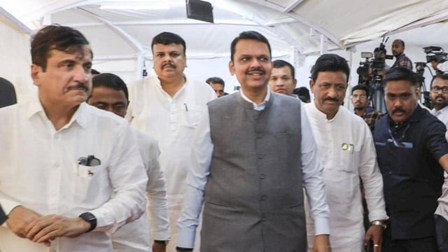 Maharashtra Chief Minister Devendra Fadnavis and others arrive at Vidhan Bhavan (PTI)