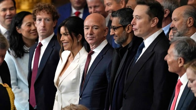 CEO of Meta Mark Zuckerberg, Lauren Sanchez, US businessman Jeff Bezos, CEO of Alphabet and Google Sundar Pichai, and Tesla and SpaceX CEO Elon Musk attend the inauguration ceremony where Donald Trump was sworn in as the 47th US President in January.