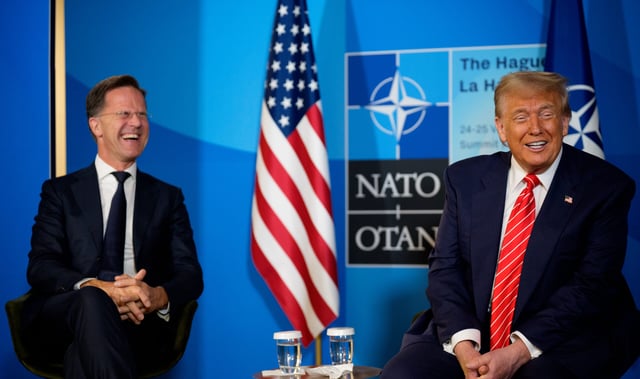 THE HAGUE, NETHERLANDS - JUNE 25: U.S. President Donald Trump (R) and NATO Secretary General Mark Rutte speak to media at the start of the second day of the 2025 NATO Summit on June 25, 2025 in The Hague, Netherlands. Among other matters, members are to approve a new defense investment plan that raises the target for defense spending to 5% of GDP. (Photo by Andrew Harnik/Getty Images)