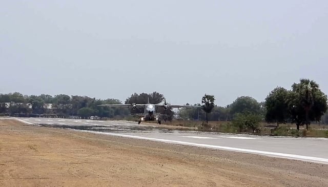 Bapatla [Andhra Pradesh], Mar 19 (ANI): Indian Air Force fighter and transport aircraft carried out operations on an Emergency Landing Facility (ELF) airstrip on National Highway 16, near Addanki, in Bapatla on Monday. (ANI Photo)