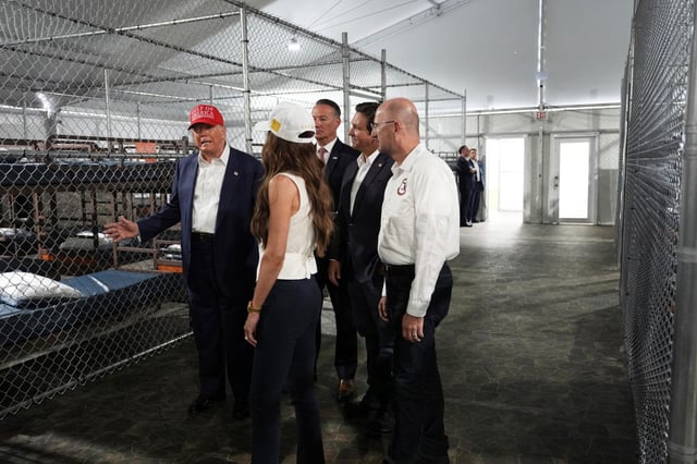 President Donald Trump, Gov. Ron DeSantis, R-Fla., Homeland Security Secretary Kristi Noem and others, tour &#34;Alligator Alcatraz,&#34; a new migrant detention facility at Dade-Collier Training and Transition facility, Tuesday, July 1, 2025, in Ochopee, Fla. (AP Photo/Evan Vucci)