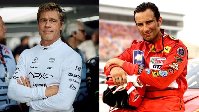 Brad Pitt in a promotional still from F1 (2025); Saif Ali Khan in a promotional still from Ta Ra Rum Pum (2007)