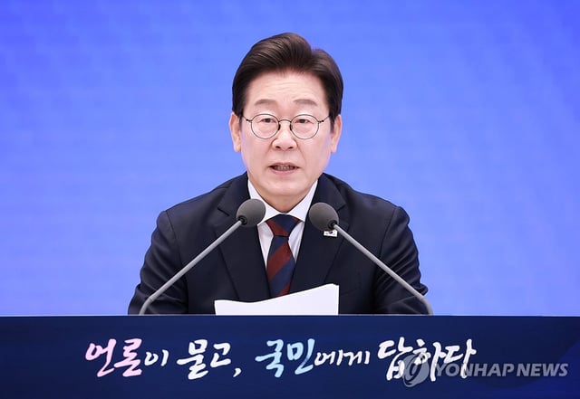 President Lee Jae Myung speaks during a press conference at the former presidential compound of Cheong Wa Dae in Seoul on July 3, 2025, to mark his first month since taking office. (Yonhap)