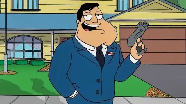 Stan Smith holding gun outside yellow house in American Dad