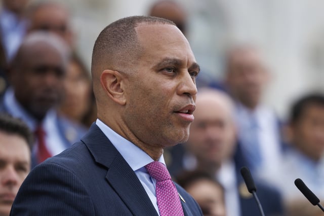 House Minority Leader Hakeem Jeffries (D-NY) gives remarks during a press conference with House Democrats, denouncing the Senate-passed spending bill on the steps of the US Capitol Building in Washington DC, on Wednesday, July 2, 2025.