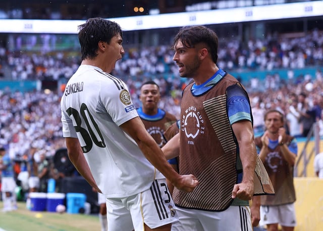 Real Madrid C.F. forward Gonzalo Garcia (30) reacts scoring their first goal during a round of 16 match of the 2025 FIFA Club World Cup at Hard Rock Stadium.