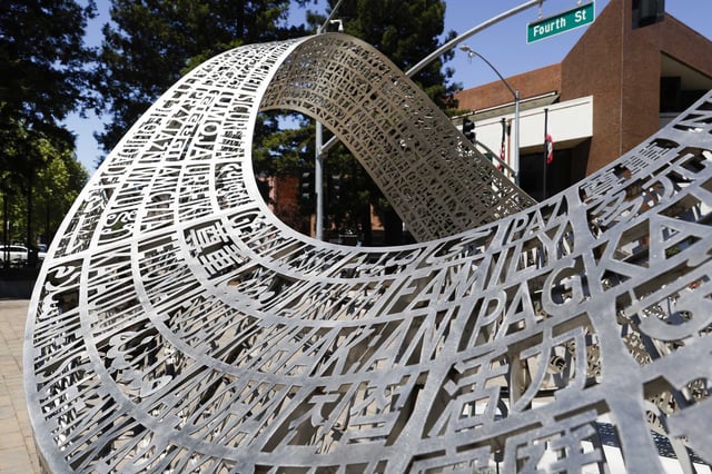 A sculpture standing for unity and featuring blended languages in Old Courthouse Square in Santa Rosa. A festival celebrating the culture of Oaxaca, Mexico, is planned to take place at the square on July 13.
