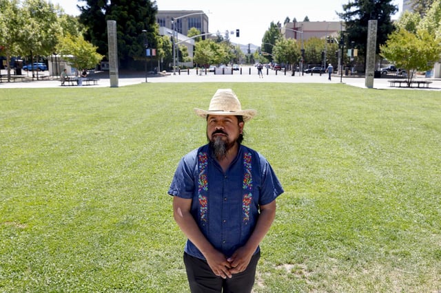 Organizer Felix Ortiz, pictured Wednesday on the lawn of the Old Courthouse Square in Santa Rosa, said he was forced to cancel a Father’s Day rodeo that was expected to draw thousands of people. A festival celebrating the culture of Oaxaca, Mexico, however, is planned to proceed as planned on July 13.