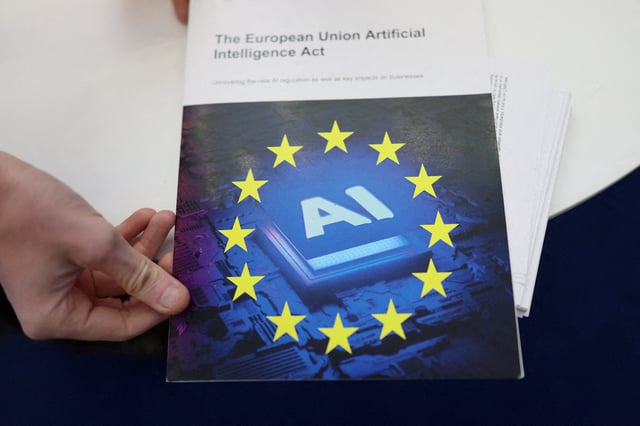 A copy of "The European Union Artificial Intelligence (AI) Act" on display during the AI & Big Data Expo 2025 at the Olympia, in London, Britain, February 5, 2025. REUTERS/Isabel Infantes/File Photo