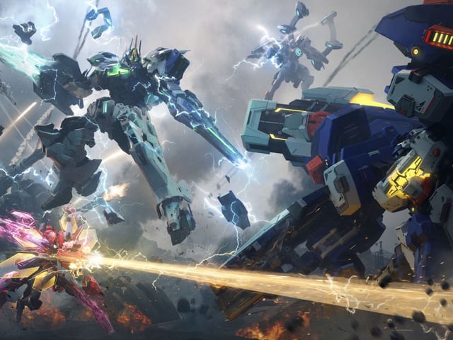 Mecha Break play with friends: A group of mechs shooting at and lunging towards another mech on the right side.