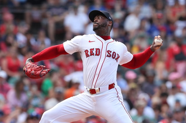 BOSTON, MASSACHUSETTS - JUNE 29: Aroldis Chapman #44 of the Boston Red Sox delivers a pitch during the ninth inning against the Toronto Blue Jays at Fenway Park on June 29, 2025 in Boston, Massachusetts.