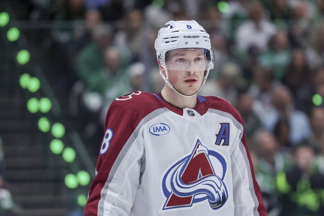 FILE - Colorado Avalanche defenseman Cale Makar looks on during a face-off during the first period of Game 5 of a first-round NHL hockey playoff series against the Dallas Stars in Dallas, April 28, 2025. (AP Photo/Gareth Patterson, file)