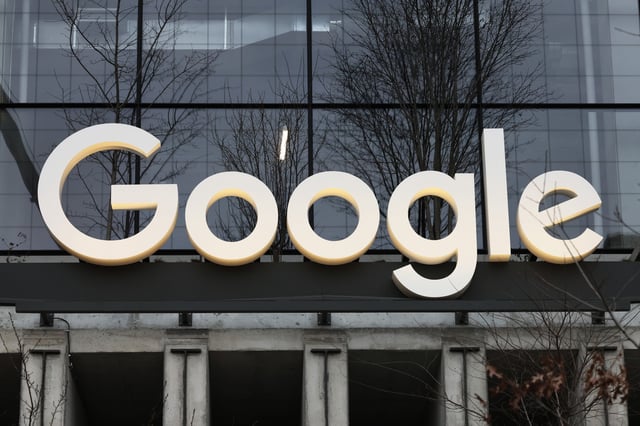 Stock photograph showing the exterior of the new headquarters of Google is seen at 550 Washington Street in Hudson Square on January 09, 2024 in New York City.