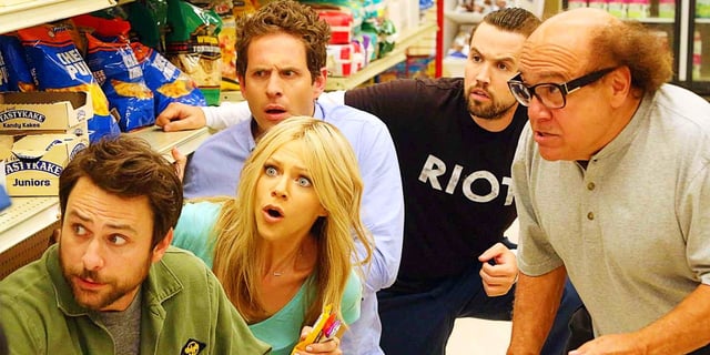 Charlie, Dee, Dennis, Mac, & Frank hiding from a robber in It's Always Sunny in Philadelphia.