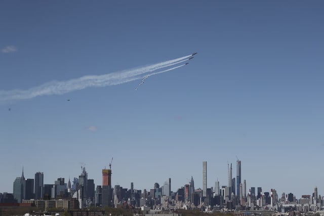 The Blue Angels fly over Manhattan during a 2020 tribute.
