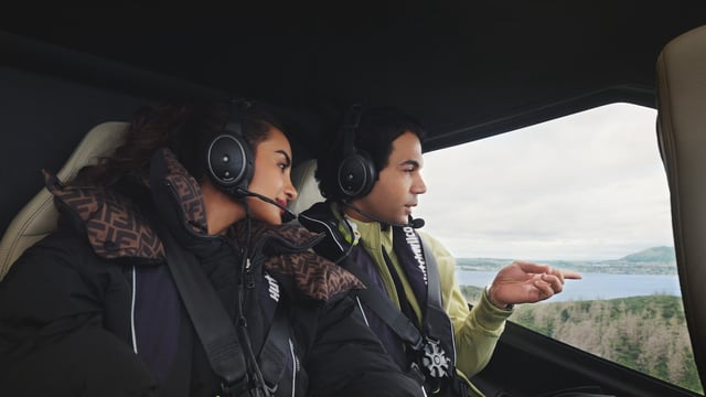 Patralekhaa and Rajkummar Rao riding in a helicopter by Lake Taupō, New Zealand. 