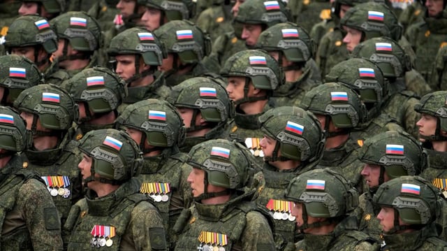 Russian soldiers march during the Victory Day military parade dress rehearsal, in Moscow, Russia, May 5, 2024 (AP photo by Alexander Zemlianichenko).
