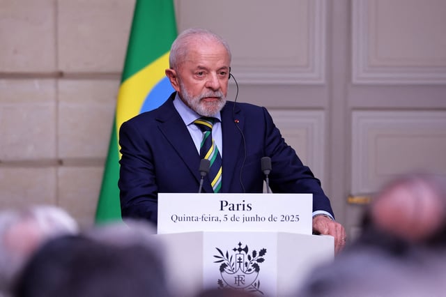 Brazilian President Luiz Inacio Lula da Silva attends a joint press conference with French President Emmanuel Macron (not pictured) at the Elysee Palace in Paris, France, 05 June 2025. CHRISTOPHE PETIT TESSON/Pool via REUTERS/ File Photo