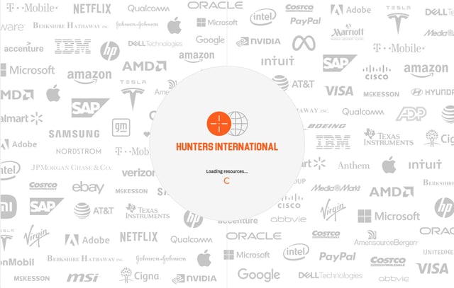 A screenshot of the Hunters International website and logo. (Image: TechCrunch)