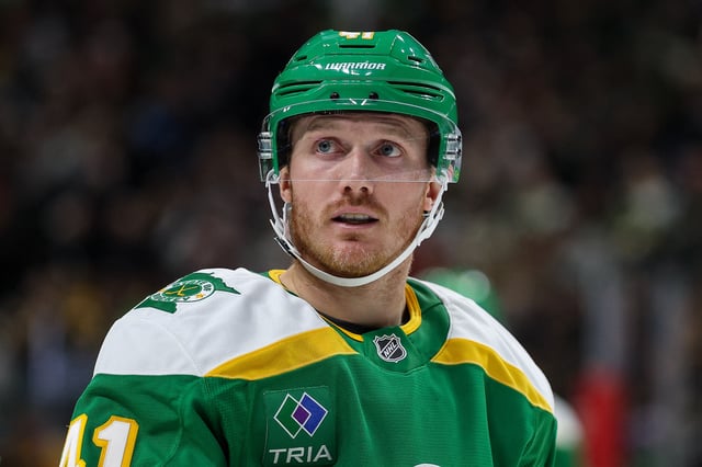 Mar 2, 2025; Saint Paul, Minnesota, USA; Minnesota Wild center Gustav Nyquist (41) looks on during the second period against the Boston Bruins at Xcel Energy Center. Mandatory Credit: Matt Krohn-Imagn Images/File Photo