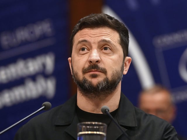 Ukraine's President Volodymyr Zelenskyy delivers a speech at the Council of Europe after signing the legal instruments necessary to launch the Special Tribunal for the Crime of Aggression against Ukraine, in Strasbourg, eastern France, Wednesday, June 25, 2025. (AP Photo/Pascal Bastien)