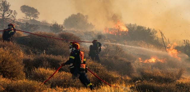 Des pompiers luttent contre le feu près de Ierapetra sur l'île grecque de Crète, le 3 juillet 2025