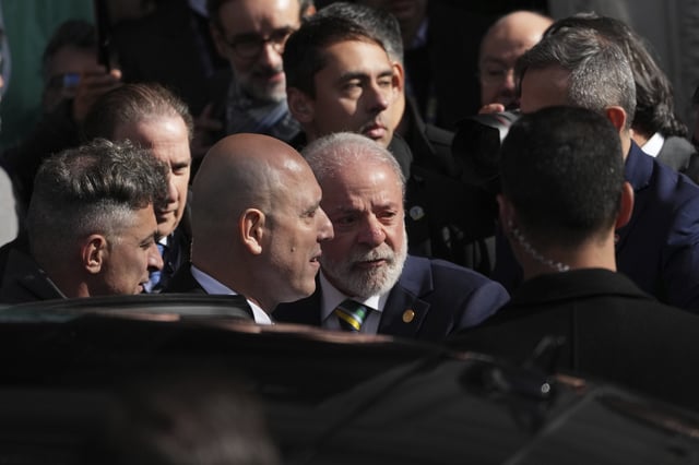 Brazil's President Luiz Inacio Lula da Silva leaves the home of former President Cristina Fernandez who is under house arrest and serving a six-year prison sentence for corruption, after visiting her while in Buenos Aires, Argentina, for the Mercosur Summit, Thursday, July 3, 2025. (AP Photo/Rodrigo Abd)
