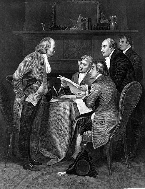 The committee chosen to draft a declaration of independence for the 13 North American British colonies is shown at work in this 19th century engraving. The five members are (from left) Benjamin Franklin, Thomas Jefferson, John Adams, Philip Livingston and Roger Sherman. On July 1, 1776, the committee submitted their draft to the Continental Congress, which voted on July 2 for final separation, and approved and formally adopted the Declaration of Independence on July 4.