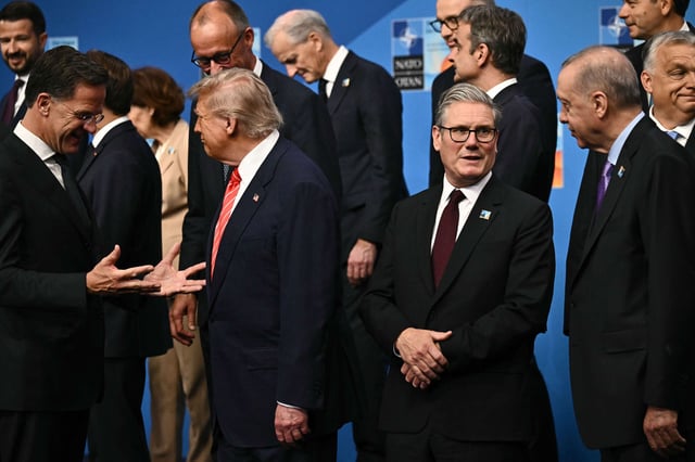 (From left) North Atlantic Treaty Organization (NATO) Secretary General Mark Rutte, U.S. President Donald Trump, Britain's Prime Minister Keir Starmer, and Turkey's President Recep Tayyip Erdoğan gather with NATO country leaders for a photo during the NATO heads of state and government summit on June 25, 2025, in The Hague, Netherlands.