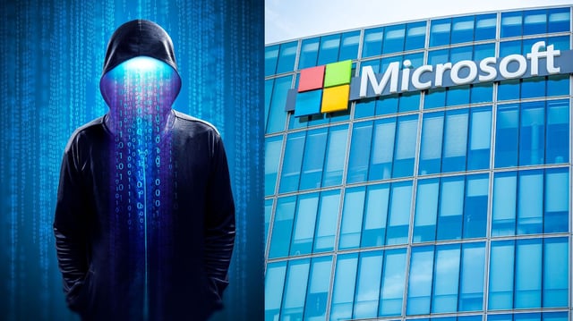 A split-screen image featuring a hooded figure with a glowing head and binary code, representing a hacker or cybersecurity concept, on the left. On the right is a photo of Microsoft’s glass-paneled corporate building with the company logo prominently displayed.