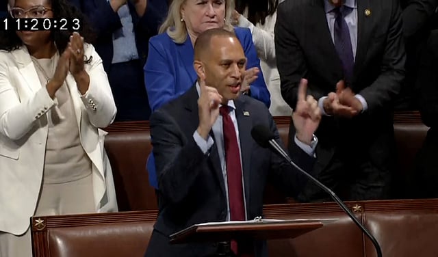 U.S. House Minority Leader Hakeem Jeffries (D-NY) delivers a marathon speech in opposition to U.S. President Donald Trump's massive tax-cut and spending bill ahead of a vote on final passage of the legislsation in the House of Representatives inside the House Chamber of the U.S. Capitol, in this still image from video in Washington, D.C., U.S., July 3, 2025. U.S. House TV/Handout via Reuters