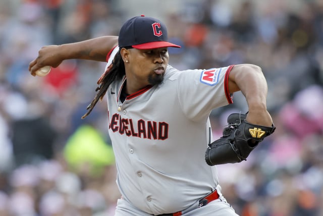 Luis Ortiz of the Cleveland Guardians pitches against the Detroit Tigers on May 24.