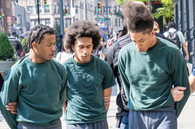 Alleged R2R Gang members, from left, King Downing, Javonte Jaime and Mikeem Echevarria are pictured in police custody entering Brooklyn Supreme Court for their arraignments on Thursday, July 3, 2025. (Theodore Parisienne / New York Daily News)