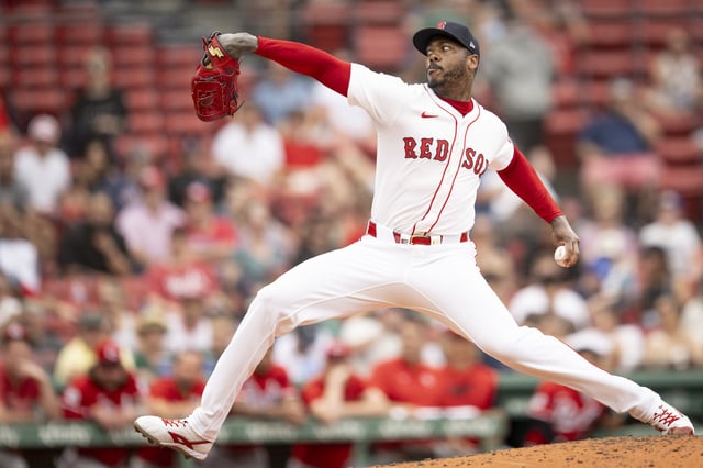 BOSTON, MASSACHUSETTS - JULY 2: Aroldis Chapman #44 of the Boston Red Sox pitches during the ninth inning of a game against the Cincinnati Reds on July 2, 2025 at Fenway Park in Boston, Massachusetts. This is a continuation of the July 1 game which was suspended due to inclement weather.