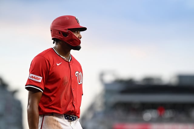 Jul 2, 2025; Washington, District of Columbia, USA; Washington Nationals left fielder James Wood (29) walks back to the dugout after striking out against the Detroit Tigers during the fifth inning at Nationals Park. Mandatory Credit: Rafael Suanes-Imagn Images/File Photo