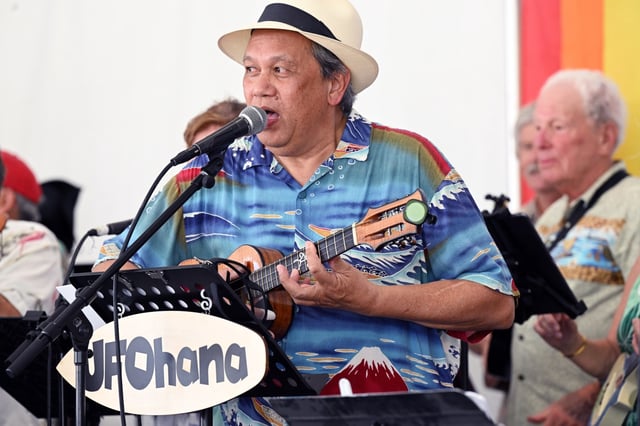 Ukele Friends Ohana founder Delfin Medina performs with his group at the Marin County Fair in San Rafael, Calif. on Saturday, July 6, 2024. (Sherry LaVars/Marin Independent Journal)