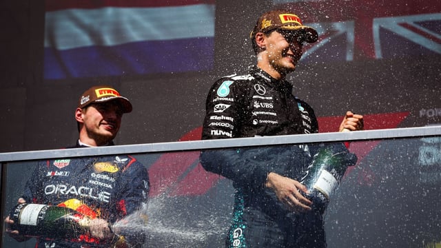 Russell, right, is refusing to be intimidated by the prospect of Verstappen, left, moving to Mercedes