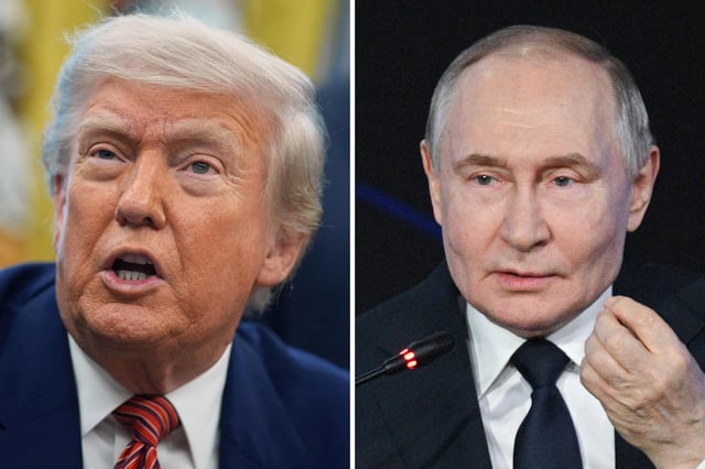Left: President Donald Trump speaks to reporters in the Oval Office of the White House, May 23, 2025, in Washington. Right: Russian President Vladimir Putin speaks during a plenary session of the 5th annual forum Strong Ideas for a New Time hosted by the autonomous non-profit organization Agency for Strategic Initiatives to Promote New Projects (ASI) in Moscow, Russia, Thursday, July 3, 2025.