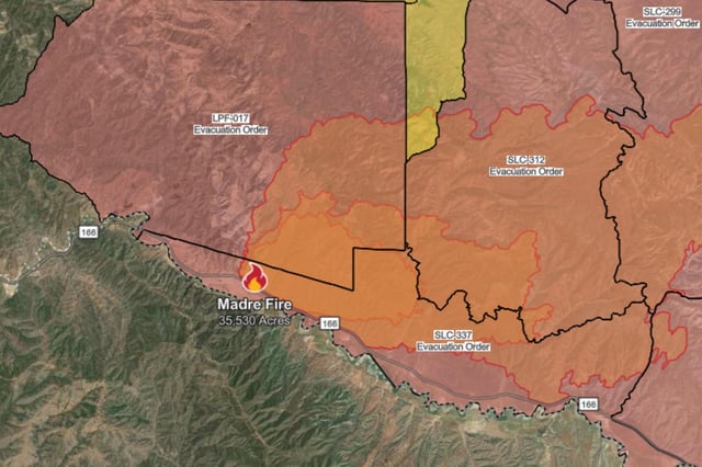 A broader look at the Madre fire in San Luis Obispo, California, that has destroyed over 35,000 acres as of Thursday afternoon local time.