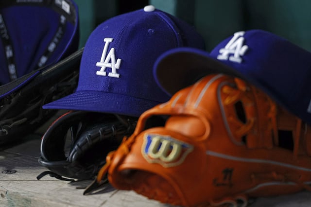 A detail view of a Los Angeles Dodgers hat is seen during a game between the Washington Nationals and the Los Angeles Dodgers at Nationals Park on April 7, 2025 in Washington, D.C. 