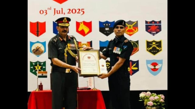 Lieutenant General Devendra Sharma, General Officer Commanding-in-Chief of ARTRAC presenting award during ARTRAC Investiture Ceremony 2025, held in Shimla on Thursday. (Source: X)