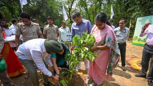 CM Rekha Gupta along with Cabinet Ministers planting a tree on the occasion of Van Mahotsav on Thursday. (Sanchit Khanna/ Hindustan Times)