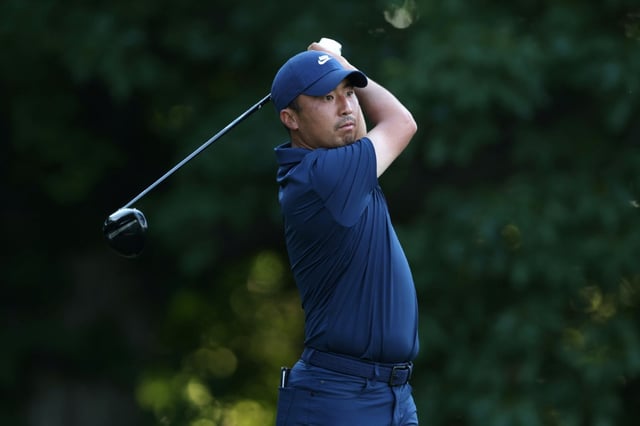 American Doug Ghim plays a shot on the way to the first-round lead in the US PGA Tour John Deere Classic in Illinois
