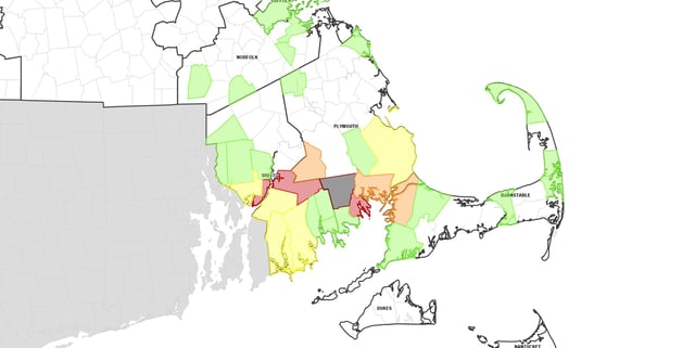A MEMA map showing power outages in southeastern Massachusetts on the evening of Thursday, July 3, 2025.
