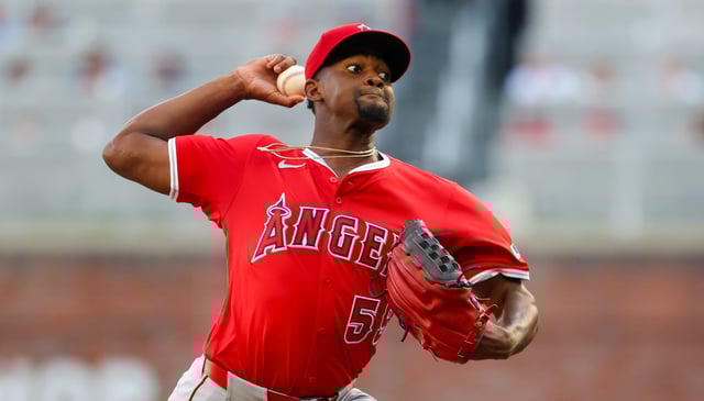 Angels starting pitcher José Soriano throws to the plate during the first inning of their game against the Atlanta Braves on Thursday night in Atlanta. Soriano pitched seven scoreless innings in a 5-1 win. (Photo by Brett Davis/Getty Images)