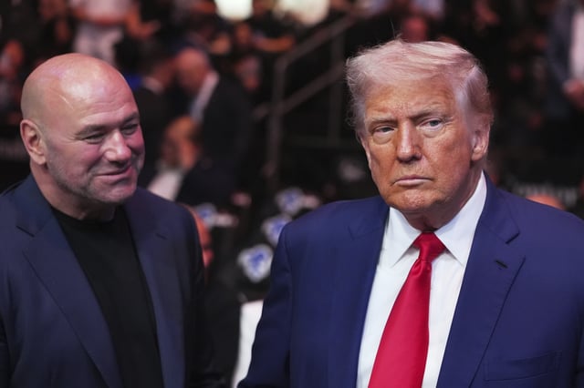 President Donald Trump attends the UFC-316 mixed martial arts event, at the Prudential Center, Saturday, June 7, 2025, in Newark, N.J., as UFC's Dana White, looks on. (AP Photo/Frank Franklin II)
