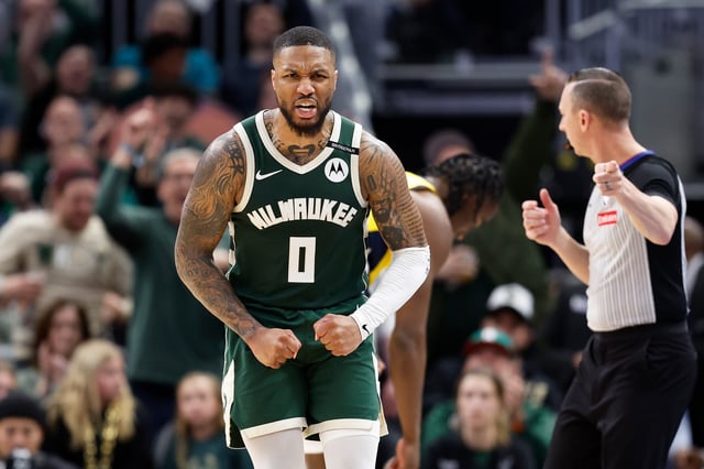 Damian Lillard #0 of the Milwaukee Bucks reacts after causing a Indiana Pacers turnover in the second half of game three of the first round of the 2025 NBA playoffs at Fiserv Forum on April 25, 2025 in Milwaukee, Wisconsin.